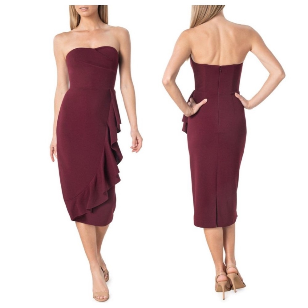 NWT Dress the Population Liv Cascade Ruffle Midi Dress Burgundy Size XSmall
